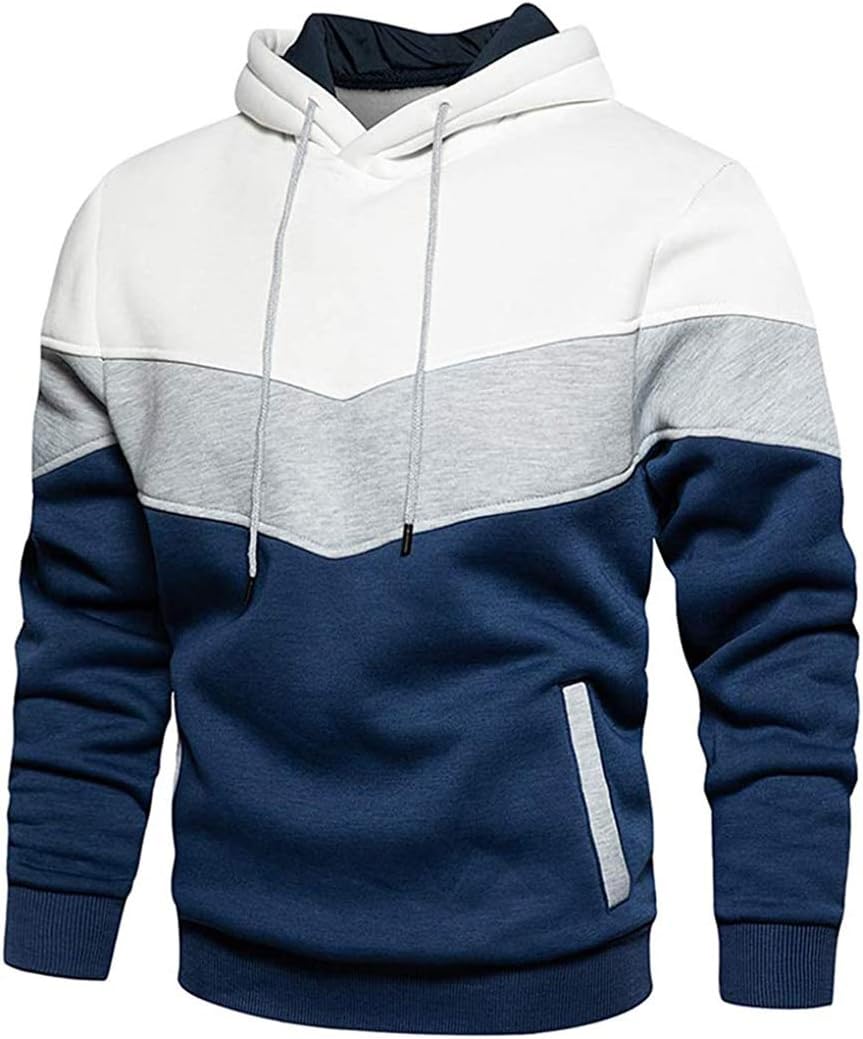 Men Hoodies Pullover Color Block Fleece Long Sleeve Sweatshirt Tops with Pocket