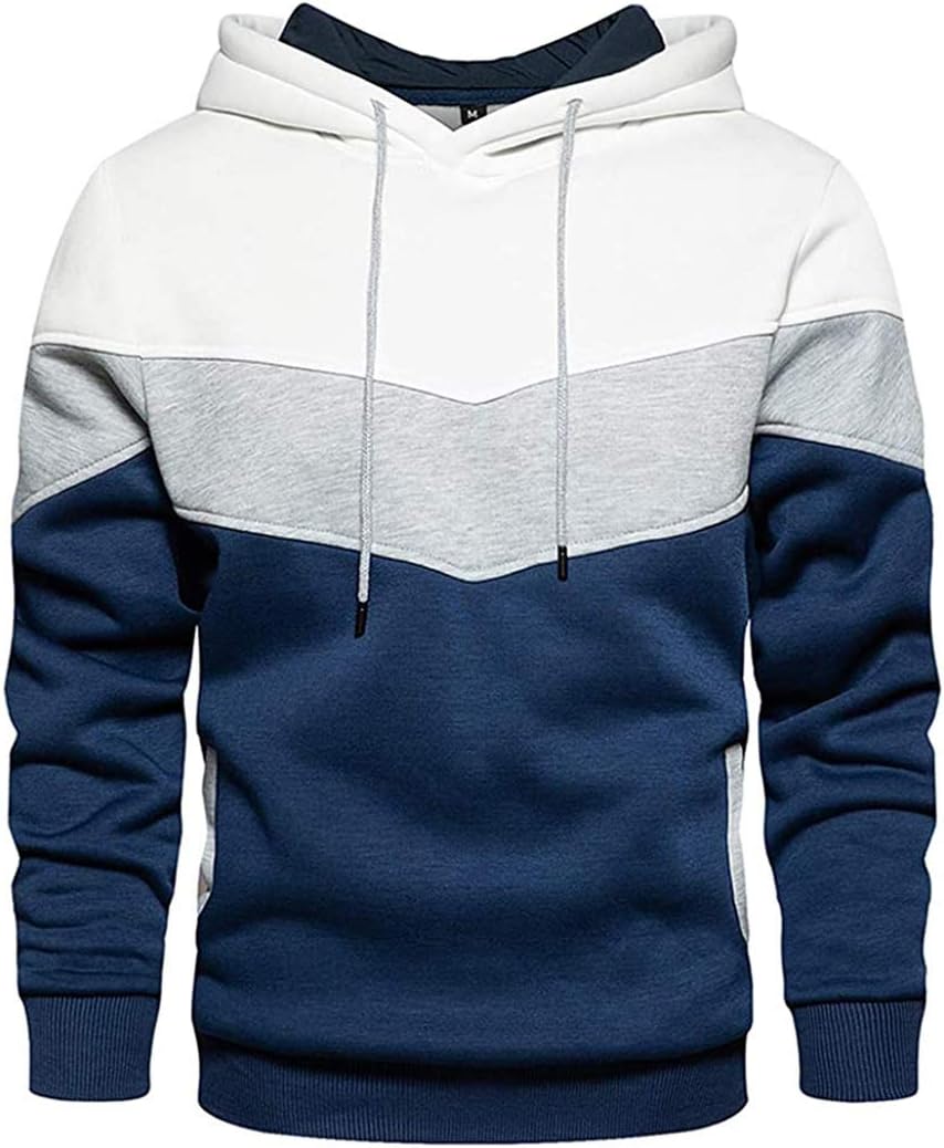Men Hoodies Pullover Color Block Fleece Long Sleeve Sweatshirt Tops with Pocket - Image 2