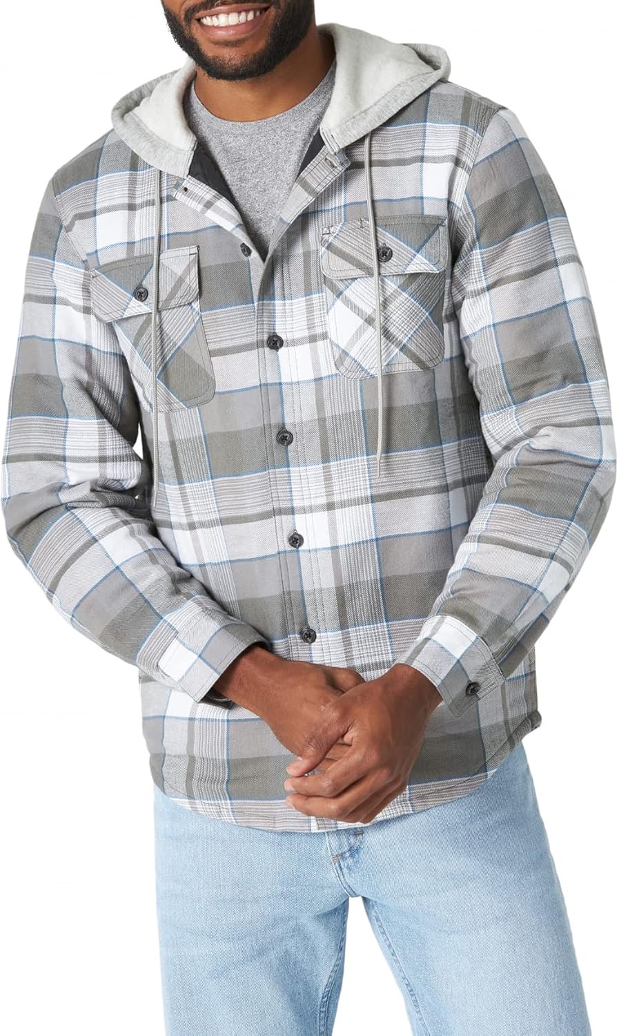 Men Long Sleeve Quilted Lined Flannel Shirt Jacket with Hood - Image 2